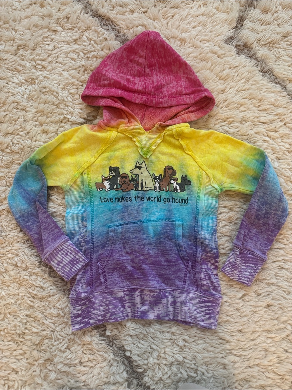 Kids Tie-Dye Pullover Hoodie with Dog Graphic - Pink, Yellow, Blue, Purple
